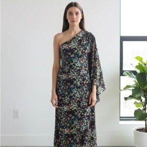 Halston abstract print one shoulder silk kaftan maxi dress - 6 (Medium)